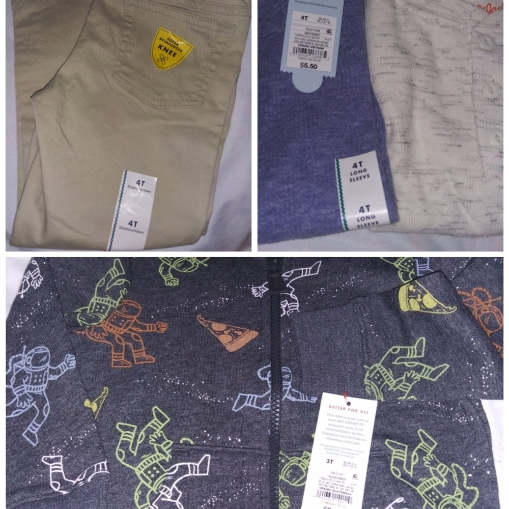 1 Khaki pant 2 longsleeve pullovers. 1 hooded swea